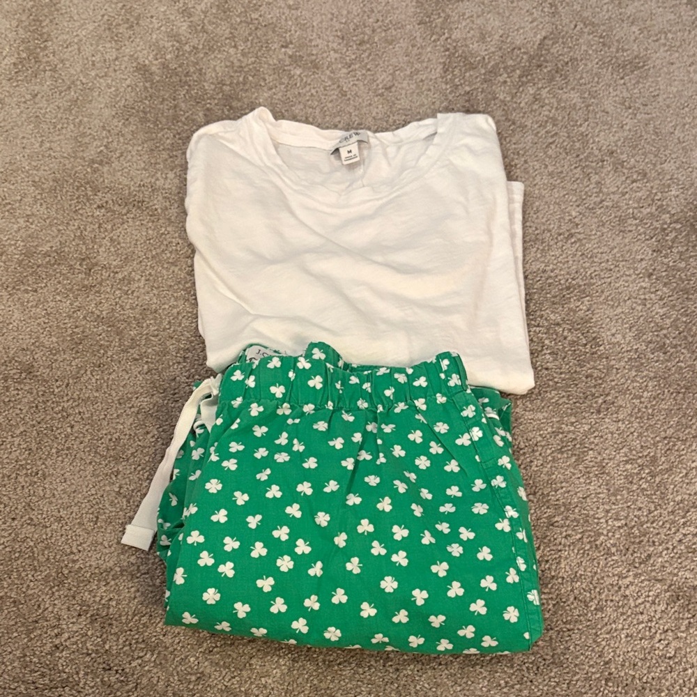 J. Crew Factory White Long Sleeve Tee with Green Shamrock-Print Pajama Pants